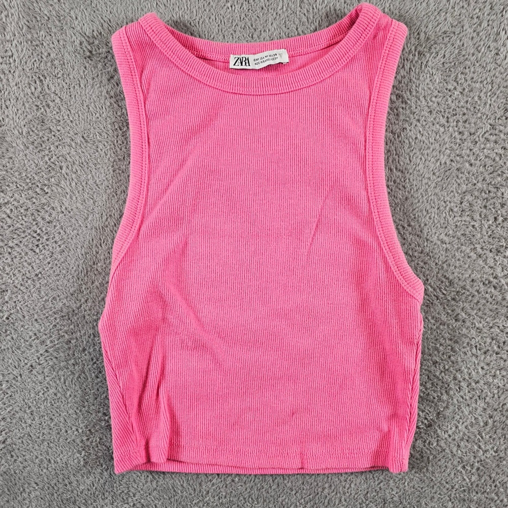 Zara Pink Ribbed Knit Cropped SleevelessTank Top Crew Neck Size Medium
